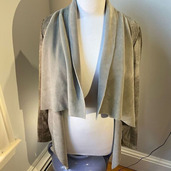 BNCI Waterfall Open Cardigan Jacket. Small. Greyish/tan. Velour/faux sueded leat - Picture 3 of 11